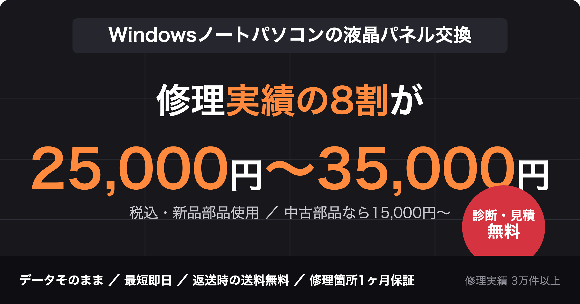 Windowsノートパソコンの液晶パネル交換は実績の8割が25,000円〜35,000円（税込・新品部品）